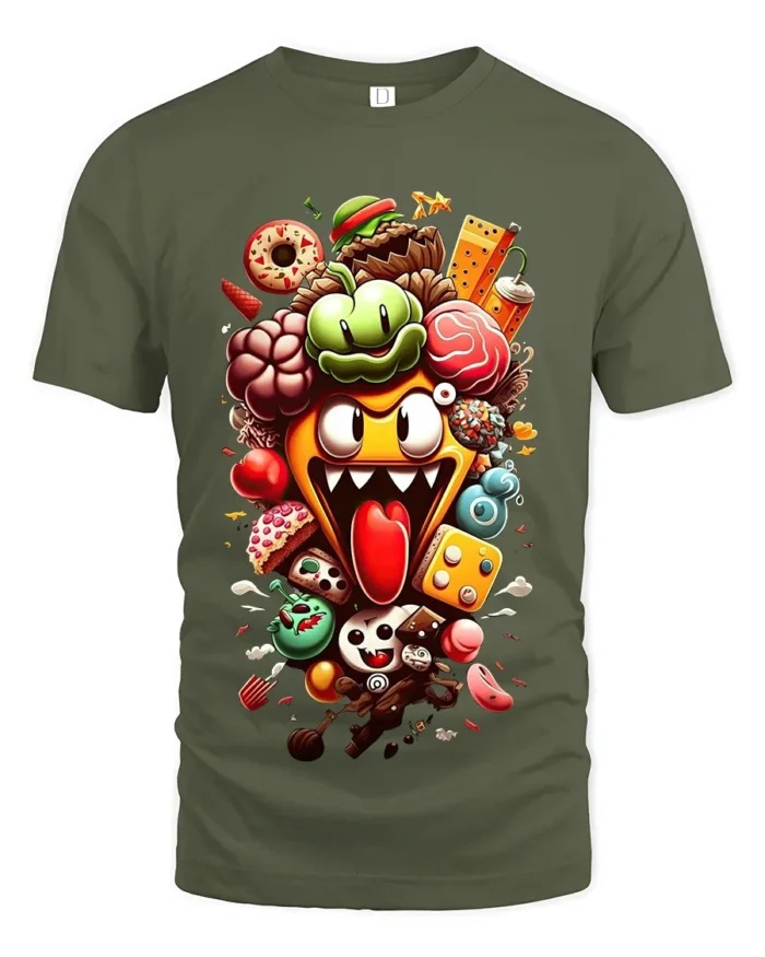 Crazy Food Pile Tee,  Funny Cartoon Snack Attack T-Shirt - military green t-shirt on white background