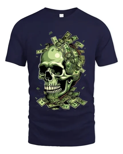 Money Skull Graphic Tee - Dollar Bills Skull T-Shirt - navy t-shirt on white background