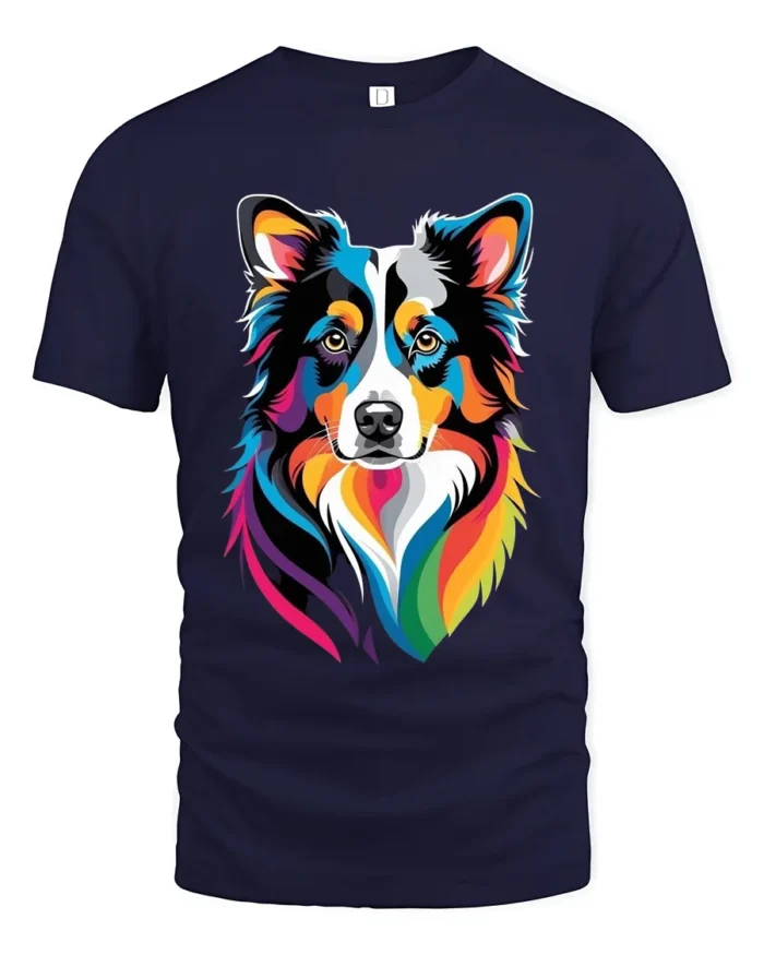 Colorful Border Collie T-Shirt,  Artistic Dog Lover Tee - navy t-shirt on white background