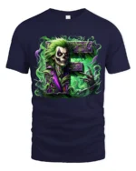 Laughing Skull Joker Tee, Edgy Villain Art T-Shirt - navy t-shirt on white background