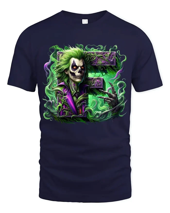 Laughing Skull Joker Tee, Edgy Villain Art T-Shirt - navy t-shirt on white background