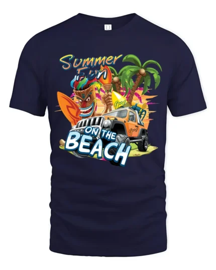 Beach Summer Fun Tee, Tropical Vacation Graphic T-Shirt - navy t-shirt on white background