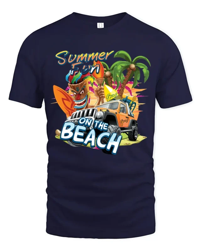Beach Summer Fun Tee, Tropical Vacation Graphic T-Shirt - navy t-shirt on white background