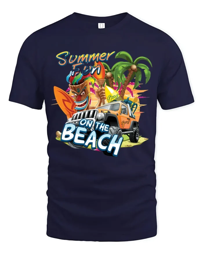 Beach Summer Fun Tee, Tropical Vacation Graphic T-Shirt - navy t-shirt on white background