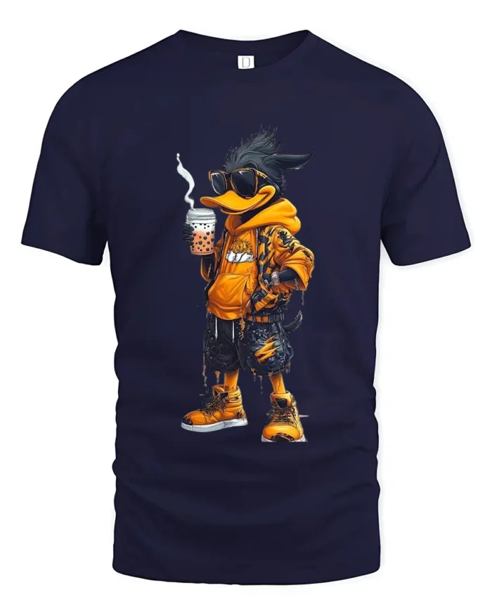 Hipster Duck T-Shirt, Stylish Cartoon Animal Tee for You - navy t-shirt on white background