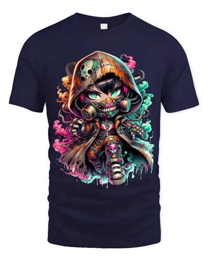 Cyberpunk Chibi, Futuristic Cute Character T-Shirt - navy t-shirt on white background