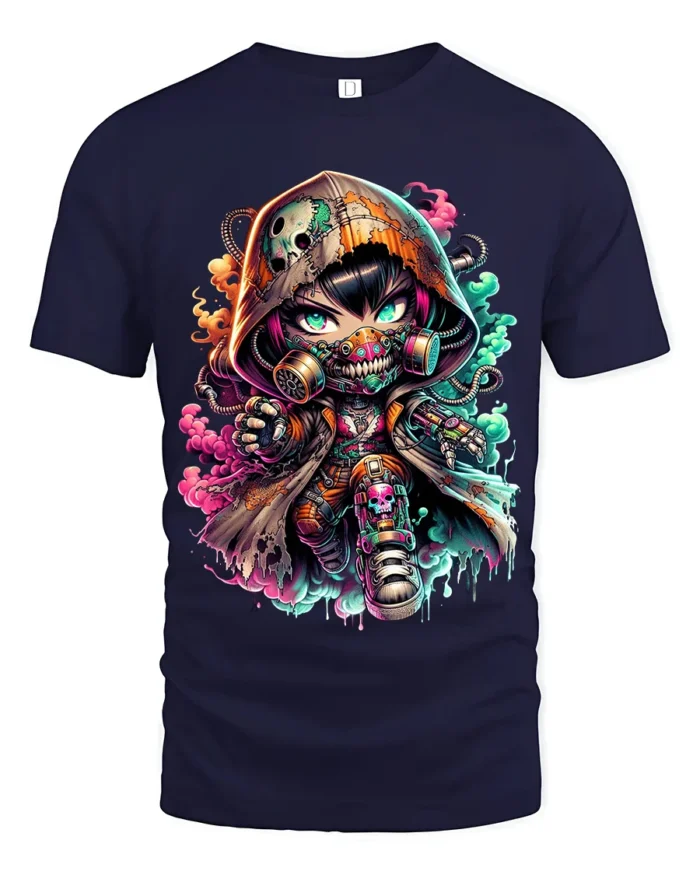 Cyberpunk Chibi, Futuristic Cute Character T-Shirt - navy t-shirt on white background