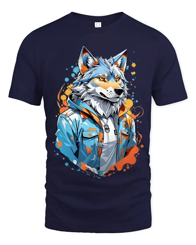 Cool Wolf Jacket Tee - Urban Style Animal Graphic T-Shirt - navy t-shirt on white background