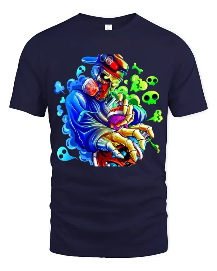 Skull Graffiti Master Tee - Edgy Urban Design T-Shirt - navy t-shirt on white background