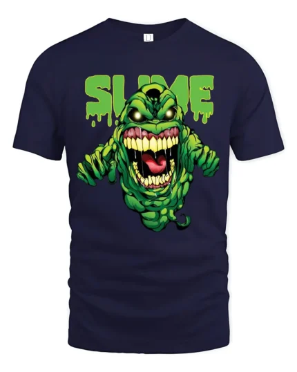 Slimer Slime Tee, Funny Ghostbusters Graphic T-Shirt - navy t-shirt on white background