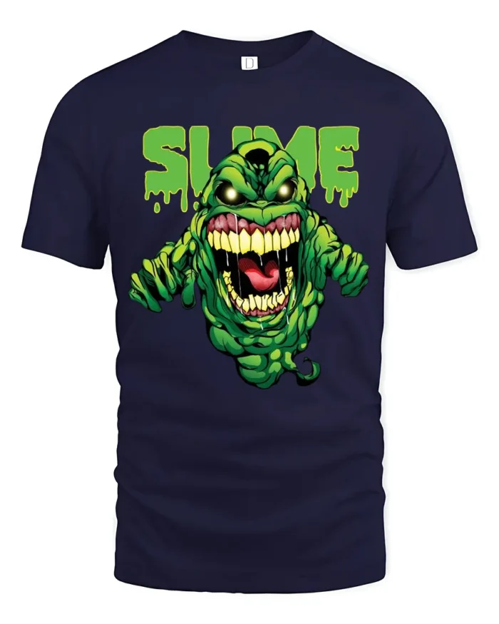 Slimer Slime Tee, Funny Ghostbusters Graphic T-Shirt - navy t-shirt on white background