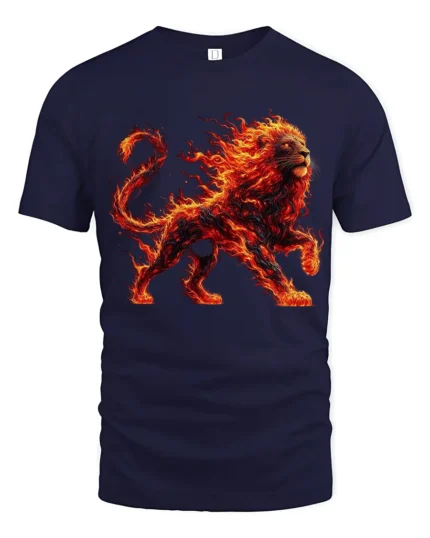 Blazing Lion Art Tee, Powerful Animal Graphic T-Shirt - navy t-shirt on white background