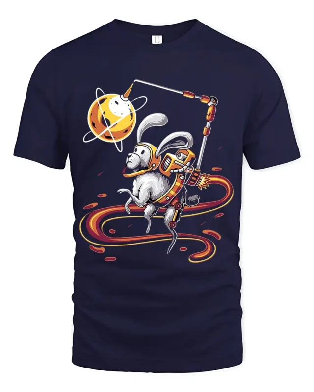 Planet Hopping Rabbit Tee - Whimsical Space Graphic Tee - navy t-shirt on white background