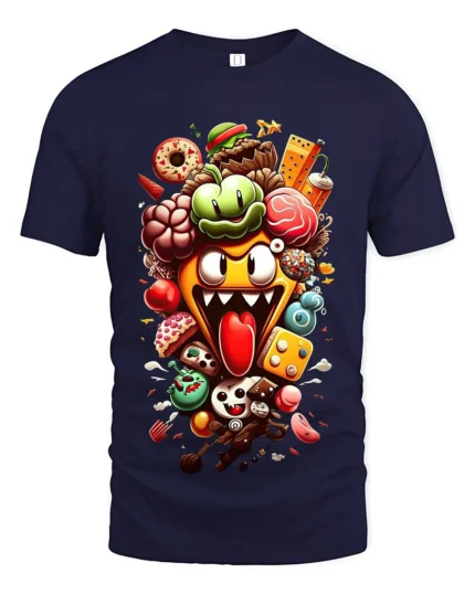 Crazy Food Pile Tee,  Funny Cartoon Snack Attack T-Shirt - navy t-shirt on white background