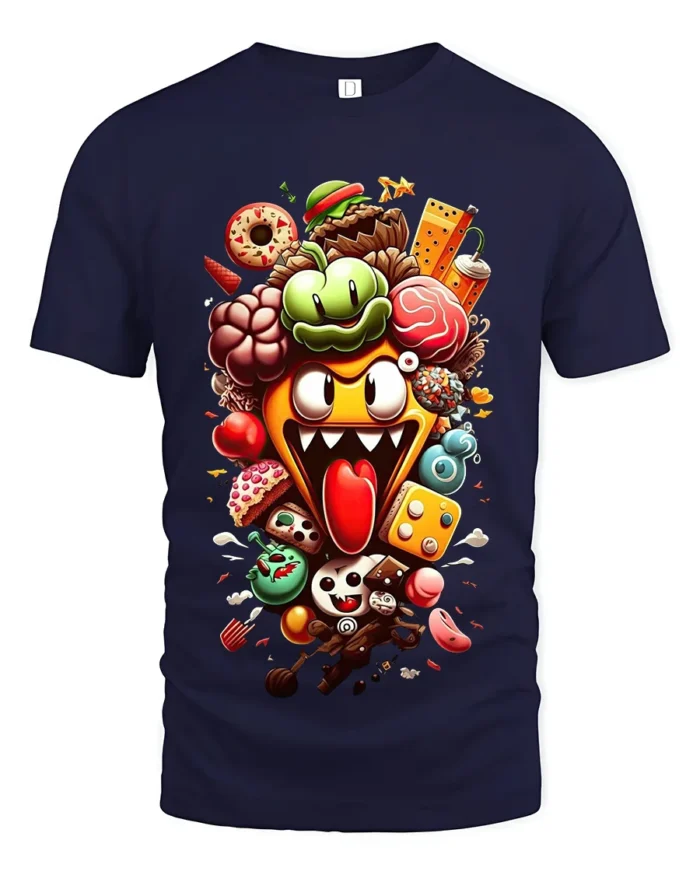 Crazy Food Pile Tee,  Funny Cartoon Snack Attack T-Shirt - navy t-shirt on white background