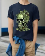 Money Skull Graphic Tee - Dollar Bills Skull T-Shirt - model wearing navy shirt, hands in pockets