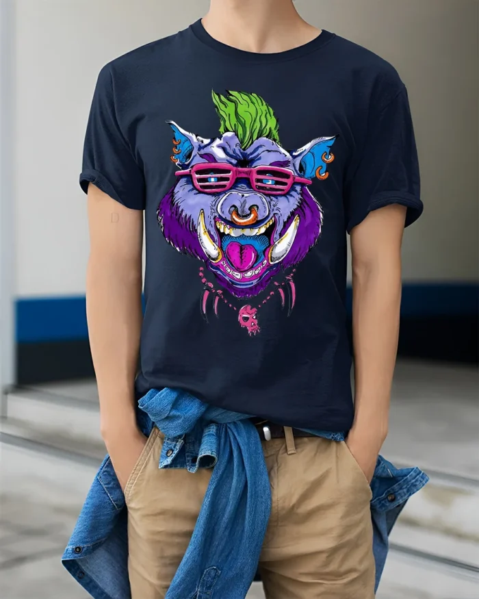 Mohawk Hog Graphic, Unique Rocker Animal T-Shirt - model wearing navy shirt, hands in pockets