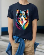 Colorful Border Collie T-Shirt, Artistic Dog Lover Tee - model wearing navy shirt, hands in pockets