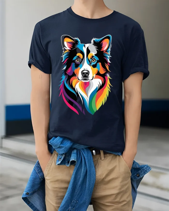 Colorful Border Collie T-Shirt,  Artistic Dog Lover Tee - model wearing navy shirt, hands in pockets