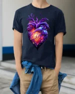 Abstract Heart Tee, Unique Colorful Love Graphic T-Shirt - model wearing navy shirt, hands in pockets