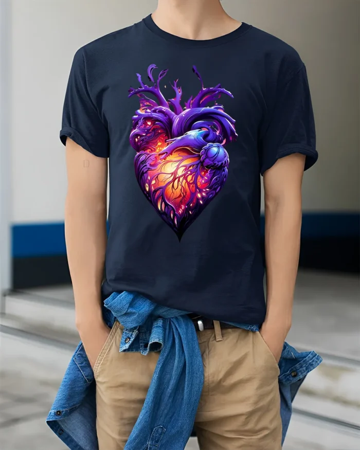 Abstract Heart Tee,  Unique Colorful Love Graphic T-Shirt - model wearing navy shirt, hands in pockets