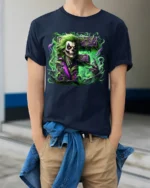 Laughing Skull Joker Tee, Edgy Villain Art T-Shirt - model wearing navy shirt, hands in pockets