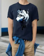 Arctic Wolf Portrait, Majestic Animal Graphic T-Shirt - model wearing navy shirt, hands in pockets