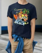 Beach Summer Fun Tee, Tropical Vacation Graphic T-Shirt - model wearing navy shirt, hands in pockets