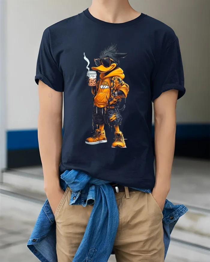 Hipster Duck T-Shirt, Stylish Cartoon Animal Tee for You - model wearing navy shirt, hands in pockets