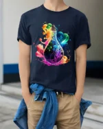 Electric Idea Tee, Bright Light Bulb Design T-Shirt - model wearing navy shirt, hands in pockets
