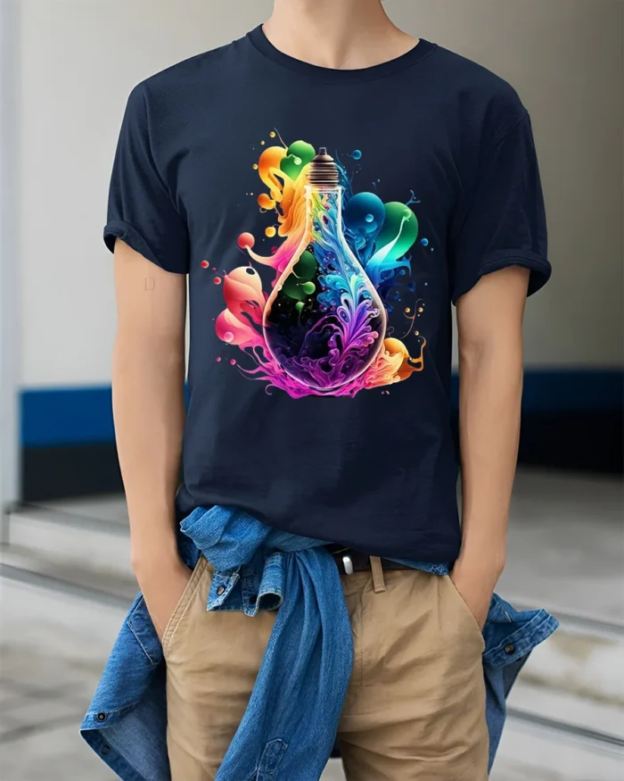 Electric Idea Tee, Bright Light Bulb Design T-Shirt - model wearing navy shirt, hands in pockets