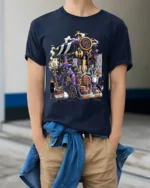 Magic Emporium T-Shirt, Fantasy Role Playing Game Tee - model wearing navy shirt, hands in pockets