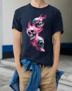 Psychedelic Skulls, Trippy Colorful Skull T-Shirt - model wearing navy shirt, hands in pockets