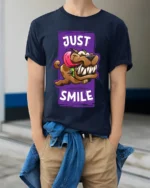 Smiling Dog Cartoon T-Shirt - Humorous Pet Lover Tee - model wearing navy shirt, hands in pockets