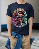 Cyberpunk Chibi, Futuristic Cute Character T-Shirt - model wearing navy shirt, hands in pockets