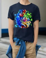 Skull Graffiti Master Tee - Edgy Urban Design T-Shirt - model wearing navy shirt, hands in pockets
