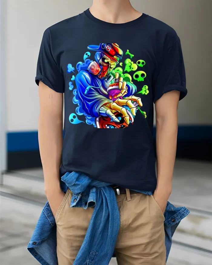 Skull Graffiti Master Tee - Edgy Urban Design T-Shirt - model wearing navy shirt, hands in pockets