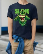 Slimer Slime Tee, Funny Ghostbusters Graphic T-Shirt - model wearing navy shirt, hands in pockets