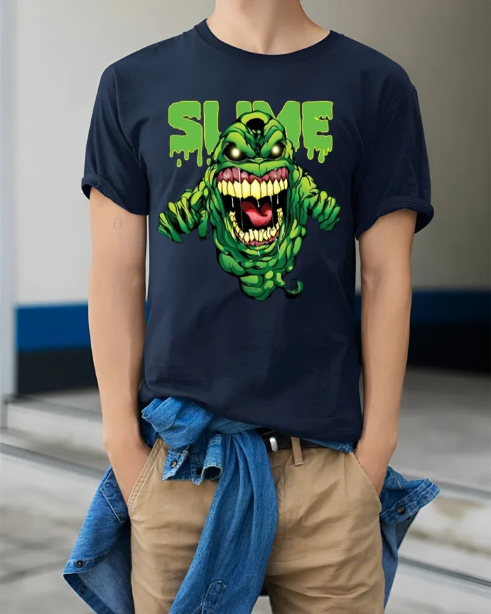Slimer Slime Tee, Funny Ghostbusters Graphic T-Shirt - model wearing navy shirt, hands in pockets