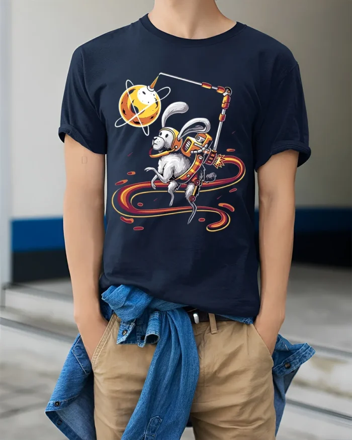 Planet Hopping Rabbit Tee - Whimsical Space Graphic Tee - model wearing navy shirt, hands in pockets