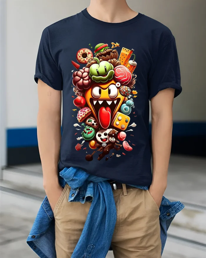 Crazy Food Pile Tee,  Funny Cartoon Snack Attack T-Shirt - model wearing navy shirt, hands in pockets
