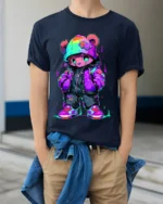 Swag Bear Premium Tee - Cute Cartoon Animal Fashion Tee - model wearing navy shirt, hands in pockets