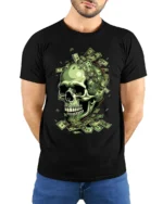 Money Skull Graphic Tee - Dollar Bills Skull T-Shirt - model wearing black shirt, hands behind back