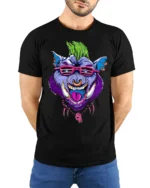 Mohawk Hog Graphic, Unique Rocker Animal T-Shirt - model wearing black shirt, hands behind back