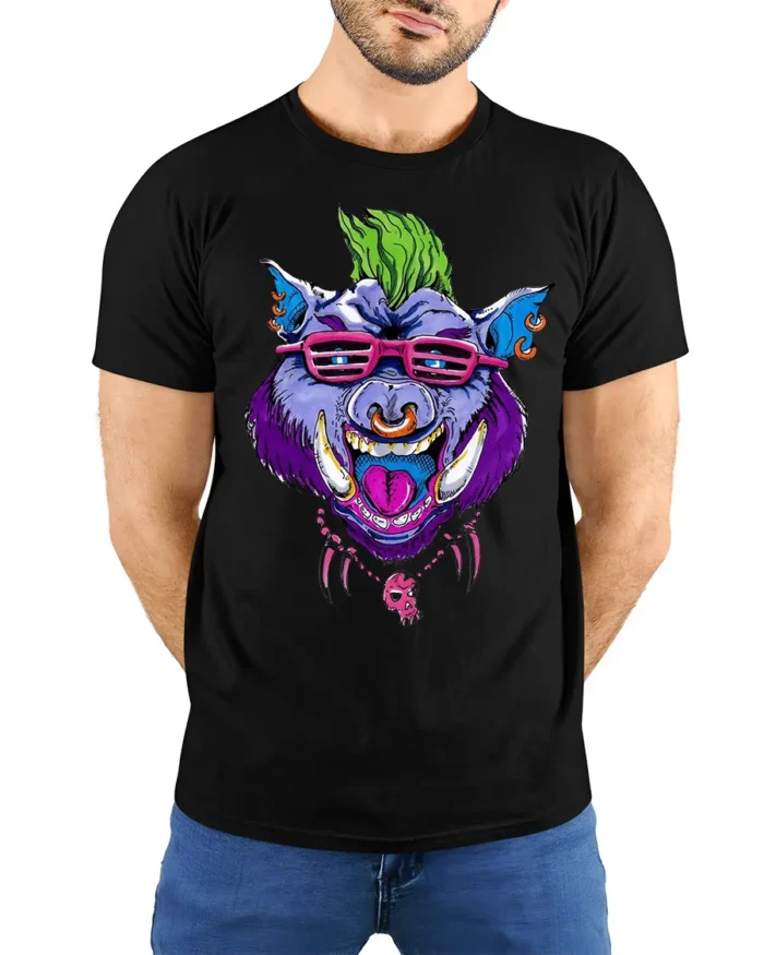 Mohawk Hog Graphic, Unique Rocker Animal T-Shirt - model wearing black shirt, hands behind back