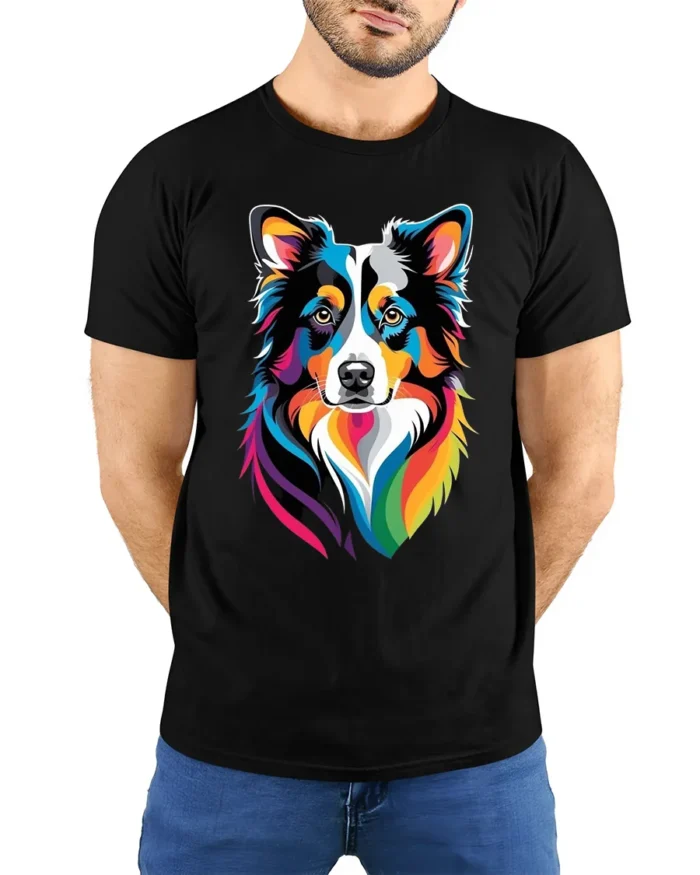 Colorful Border Collie T-Shirt,  Artistic Dog Lover Tee - model wearing black shirt, hands behind back