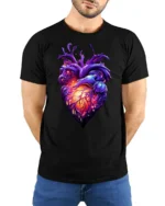 Abstract Heart Tee, Unique Colorful Love Graphic T-Shirt - model wearing black shirt, hands behind back