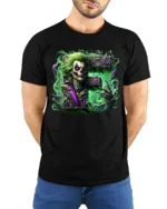 Laughing Skull Joker Tee, Edgy Villain Art T-Shirt - model wearing black shirt, hands behind back