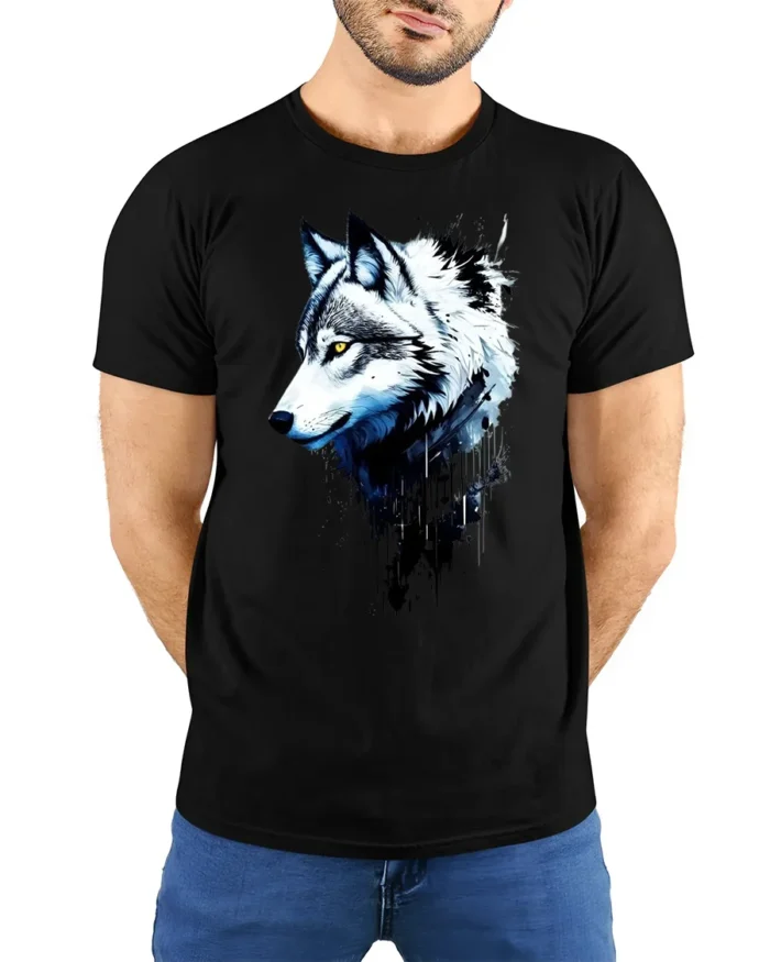 Arctic Wolf Portrait, Majestic Animal Graphic T-Shirt - model wearing black shirt, hands behind back