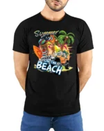 Beach Summer Fun Tee, Tropical Vacation Graphic T-Shirt - model wearing black shirt, hands behind back